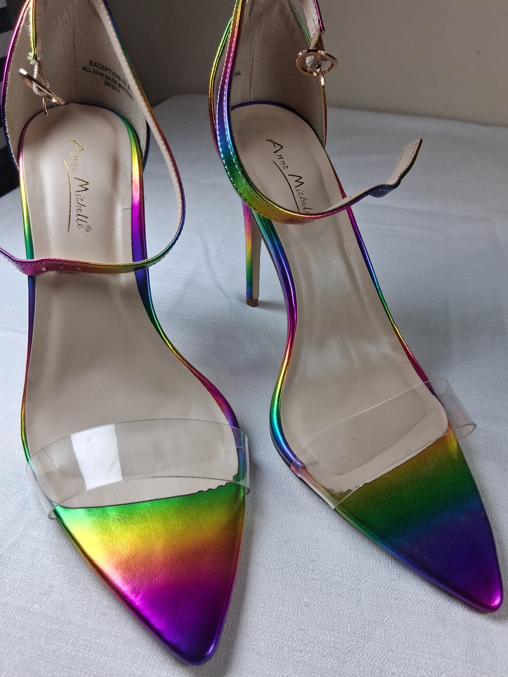 sku194 Anne Michelle Rainbow Metallic Pointed-Toe Heels with Clear Strap
